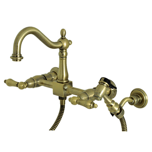 Kingston KS1263ALBS Heritage Two-Handle Wall Mount Bridge Kitchen Faucet with Brass Sprayer, Antique Brass