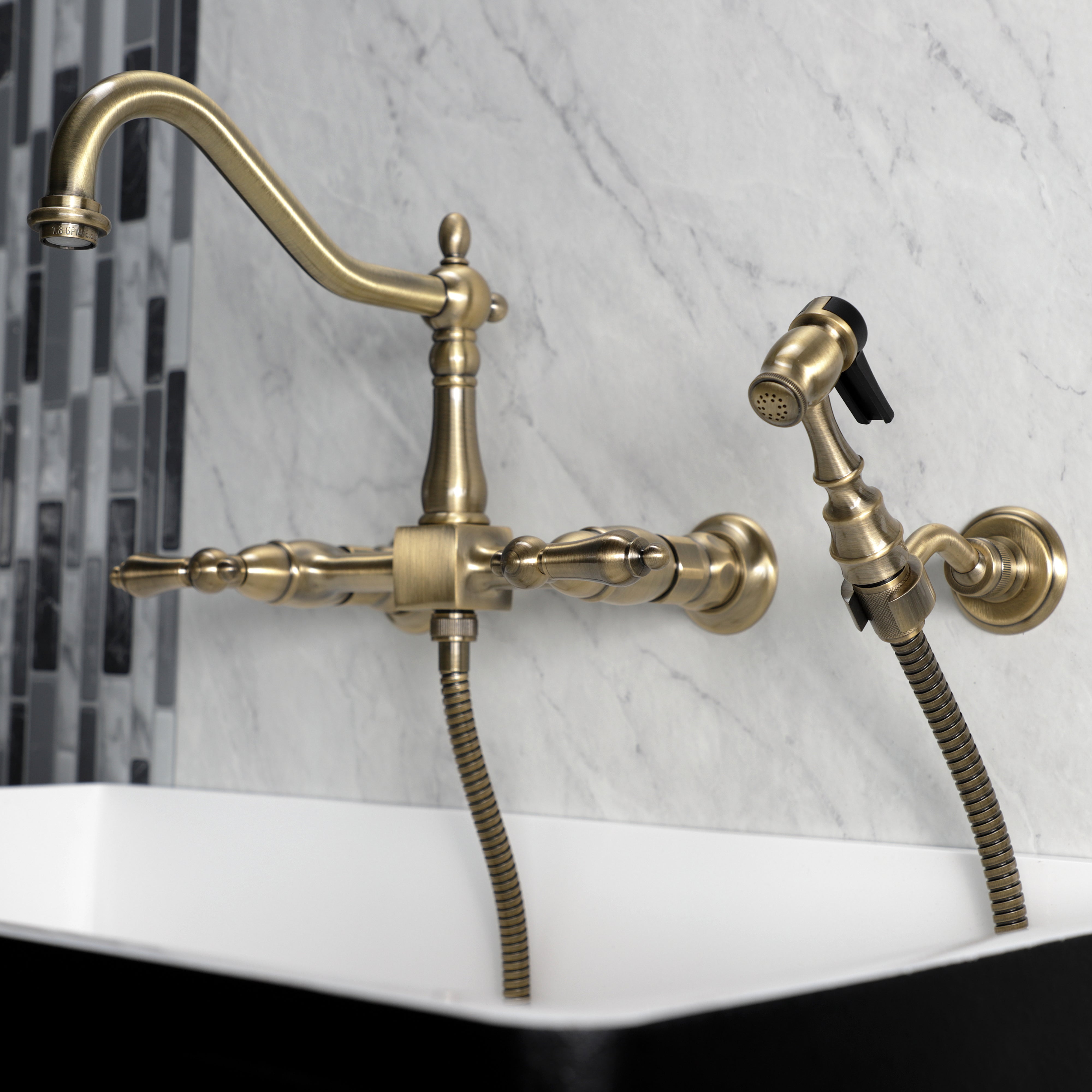 Kingston KS1243ALBS Heritage Two-Handle Wall Mount Bridge Kitchen Faucet with Brass Sprayer, Antique Brass