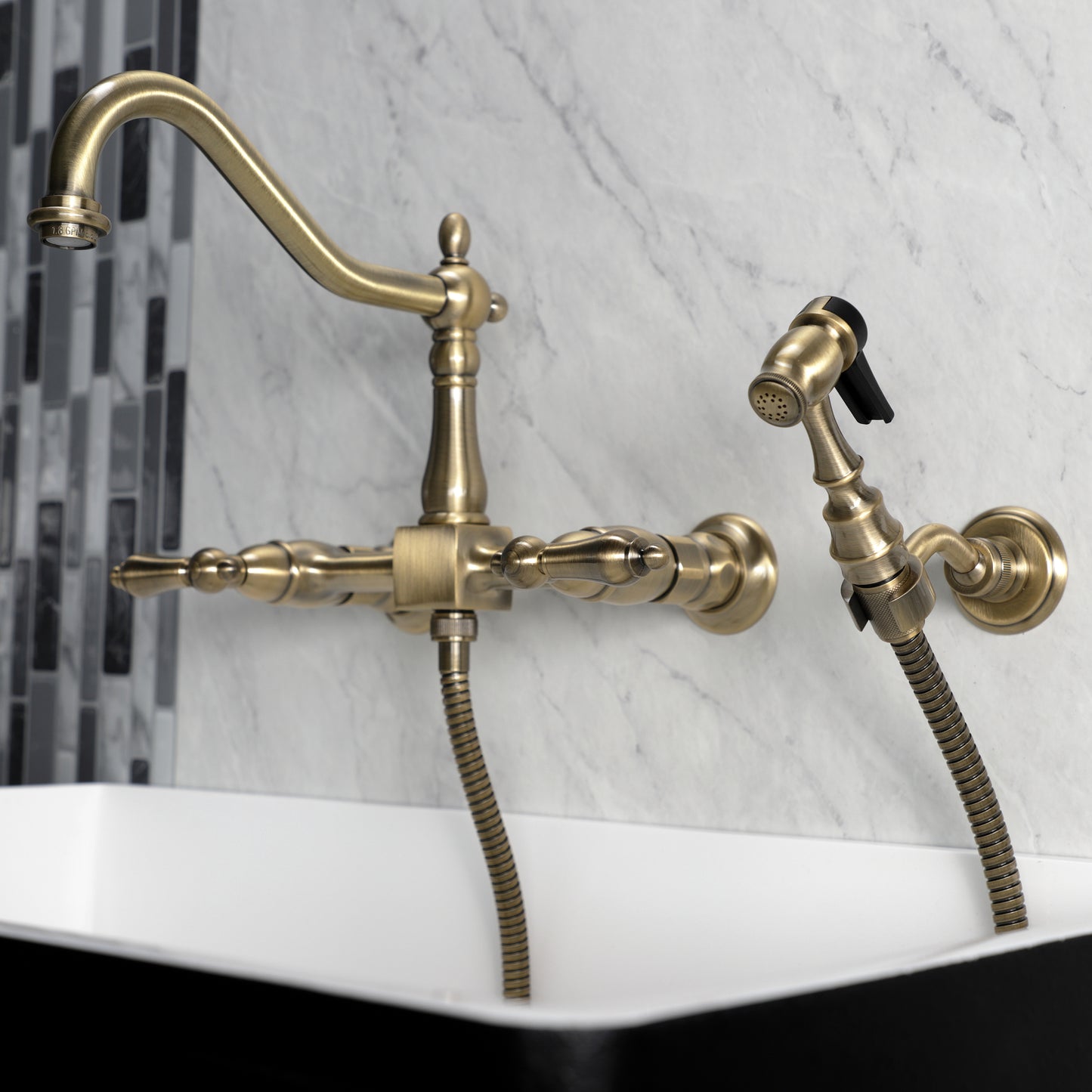 Kingston KS1243ALBS Heritage Two-Handle Wall Mount Bridge Kitchen Faucet with Brass Sprayer, Antique Brass