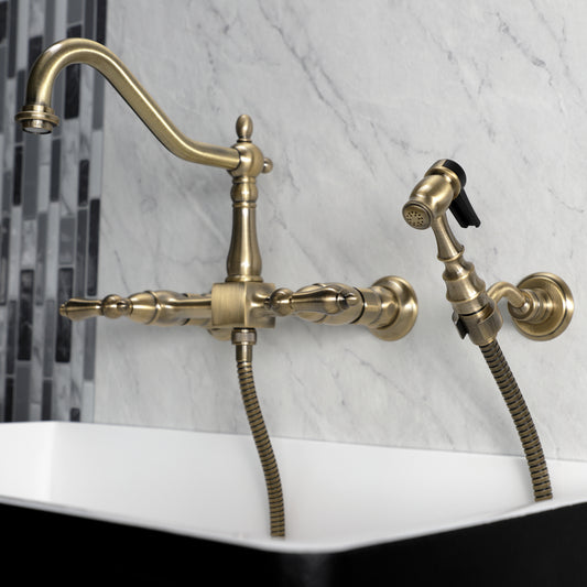 Kingston KS1243ALBS Heritage Two-Handle Wall Mount Bridge Kitchen Faucet with Brass Sprayer, Antique Brass