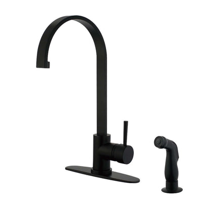 Kingston Brass LS8713DLSP Concord Kitchen Faucet with Side Sprayer, left side view showcasing high-arc gooseneck design in matte black.