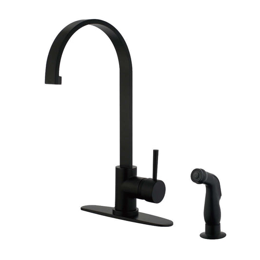 Kingston Brass LS8713DLSP Concord Kitchen Faucet with Side Sprayer, left side view showcasing high-arc gooseneck design in matte black.