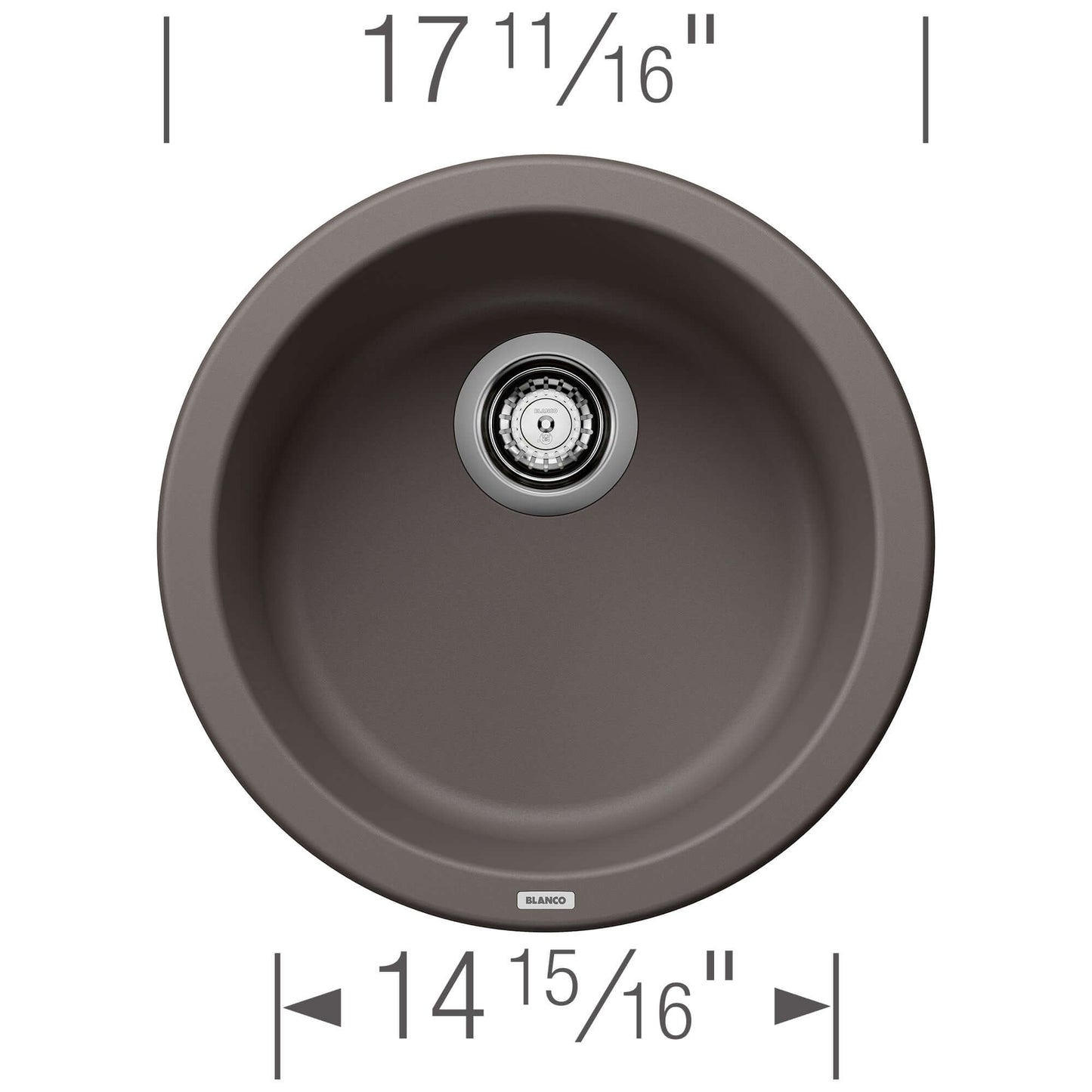 BLANCORONDO SILGRANIT 18" Dual Mount Bar Sink with round design dimensions showing 17 11/16" diameter and 14 15/16" depth.