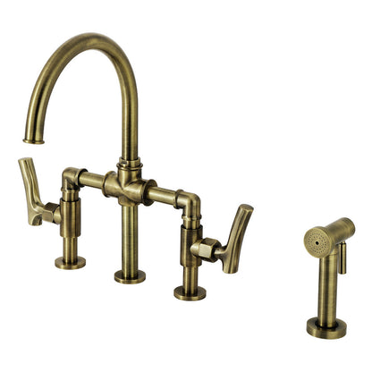 Kingston KS2333TKL Hallerbos Bridge Kitchen Faucet with Brass Sprayer, Antique Brass for stylish kitchen enhancement.