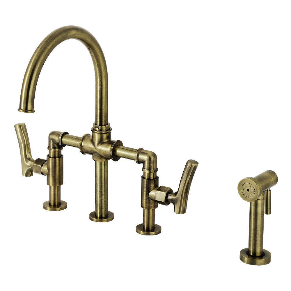 Kingston KS2333TKL Hallerbos Bridge Kitchen Faucet with Brass Sprayer, Antique Brass for stylish kitchen enhancement.