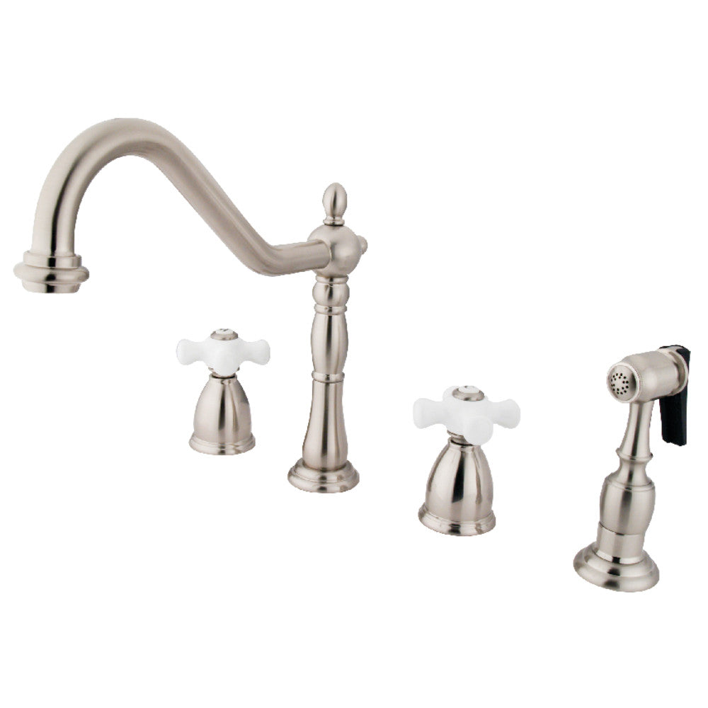 Kingston Brass KB1797PXBS Heritage Double-Handle Widespread Kitchen Faucet with Brass Sprayer, Brushed Brass