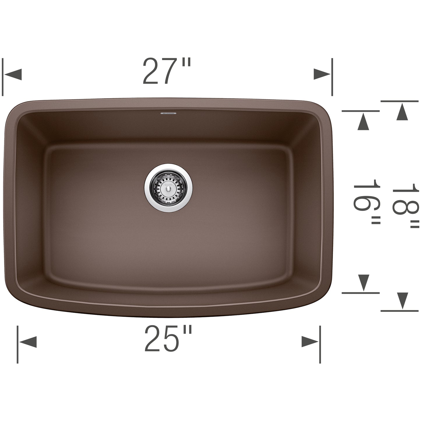 BLANCO Valea SILGRANIT 27" Single Bowl Undermount Kitchen Sink top view with dimensions.
