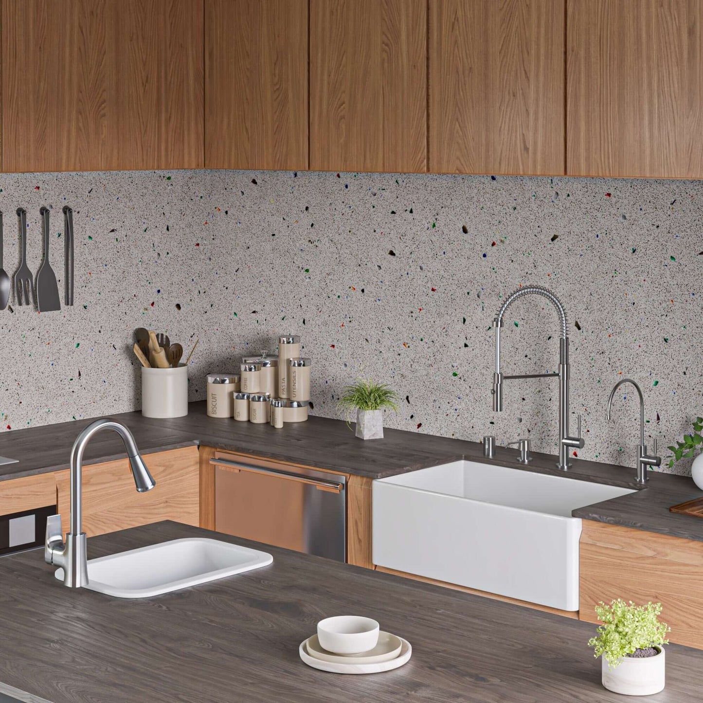 Alfi 13" x 19" Dual Mount Fireclay Prep Sink - ABF1319UD in a modern kitchen setup with wooden cabinetry.