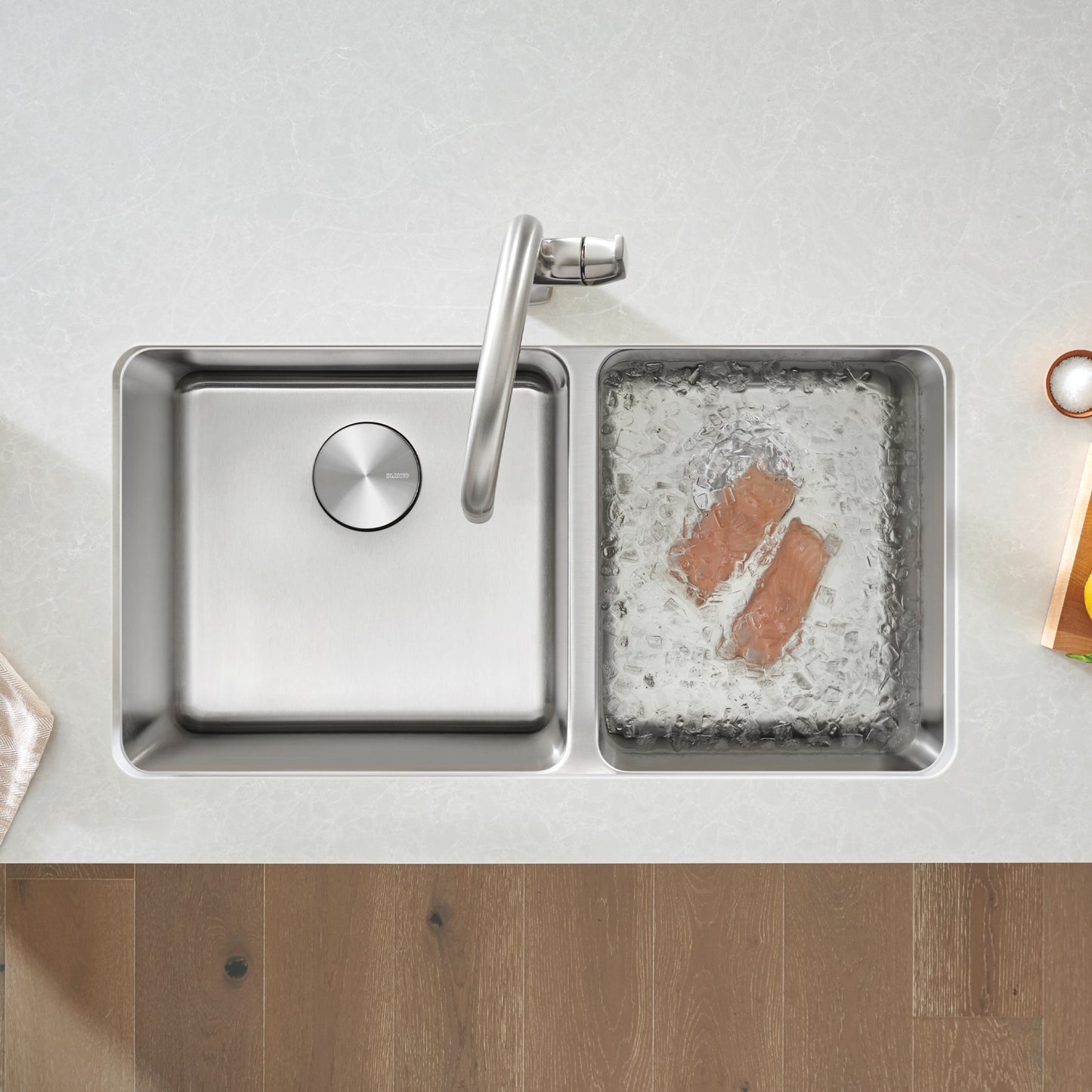 BLANCO Formera 33" 60/40 Double Bowl Undermount Stainless Steel Kitchen Sink with water and meat.