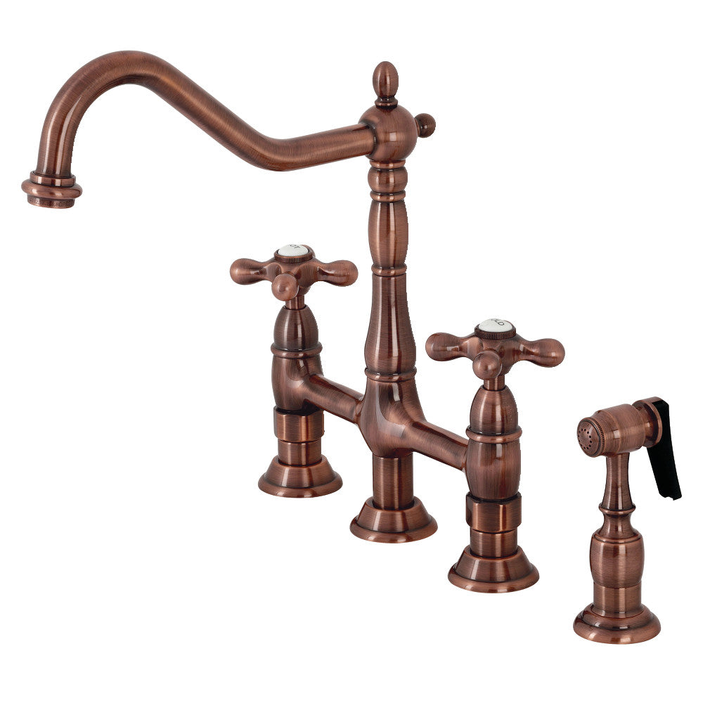 Kingston KS1273AXBS Heritage Bridge Kitchen Faucet with Brass Sprayer, Antique Brass featuring traditional design.