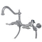 Kingston KS1243ALBS Heritage Two-Handle Wall Mount Bridge Kitchen Faucet with Brass Sprayer, Antique Brass in polished chrome finish.