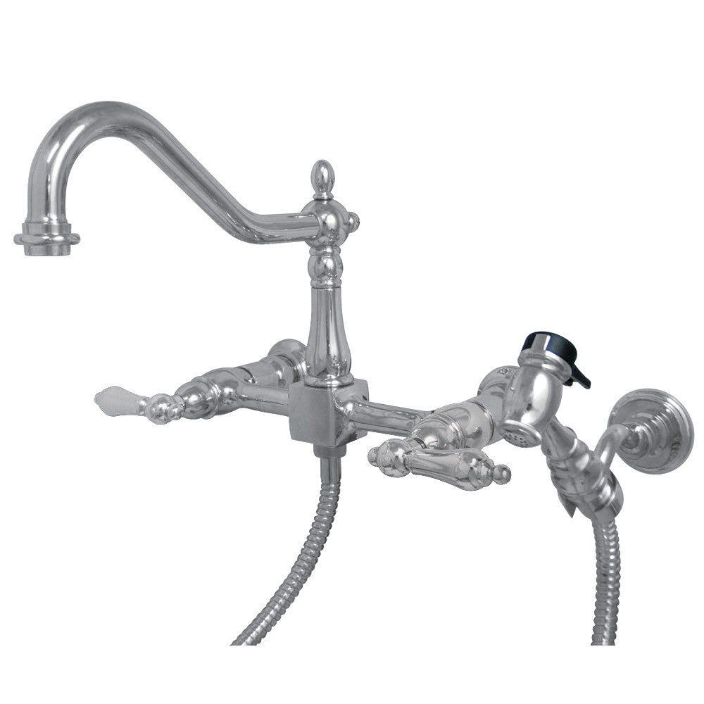 Kingston KS1243ALBS Heritage Two-Handle Wall Mount Bridge Kitchen Faucet with Brass Sprayer, Antique Brass in polished chrome finish.