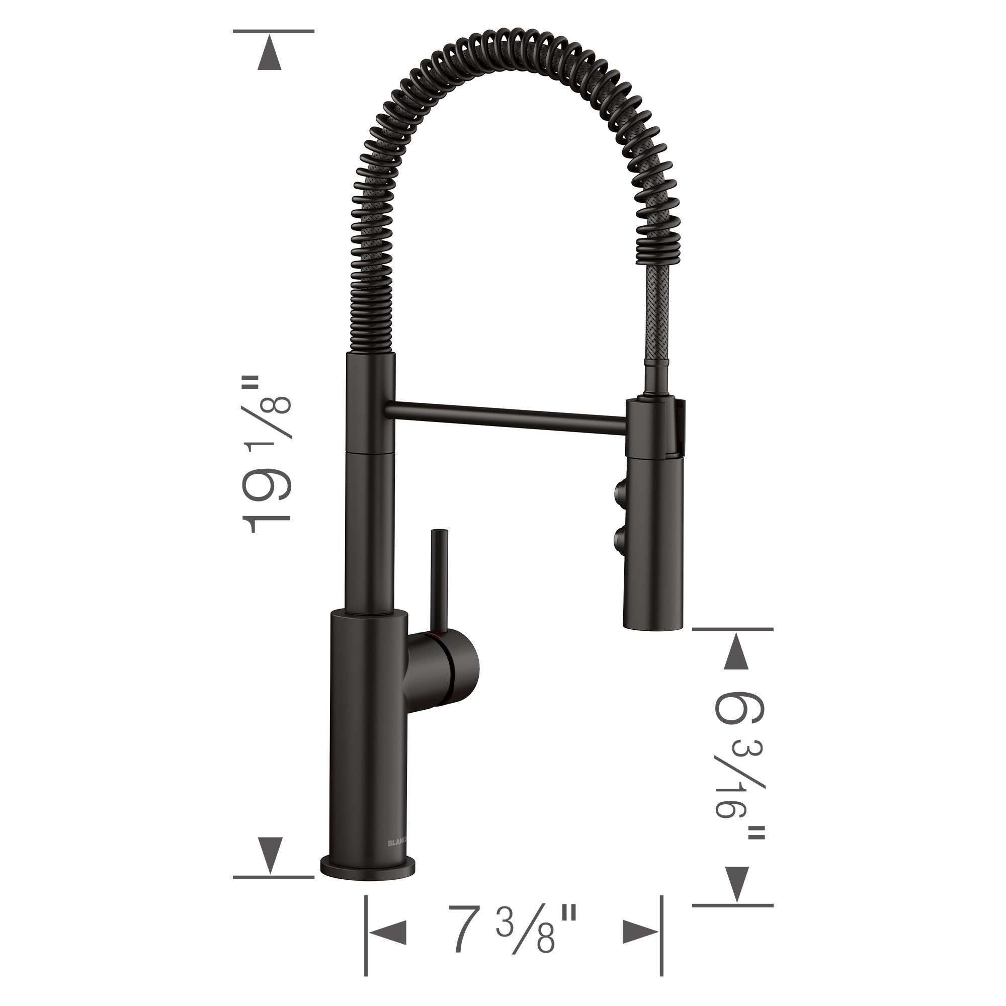 BLANCO Catris Semi-Pro Pull-Down Dual-Spray Kitchen Faucet with spring-coil design and measurements.