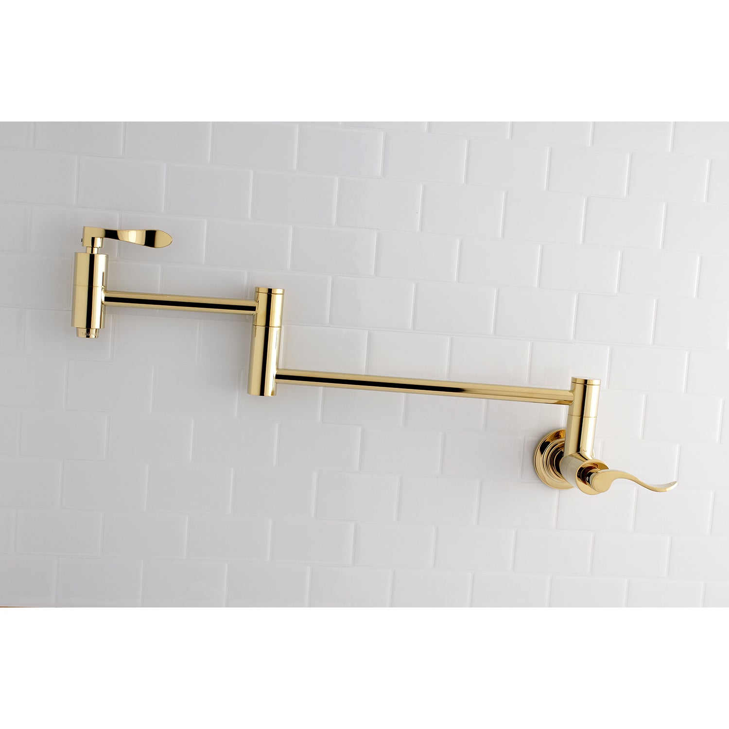 Kingston Brass KS8108DFL NuWave Wall Mount Pot Filler Faucet, Brushed Nickel on a tiled wall.