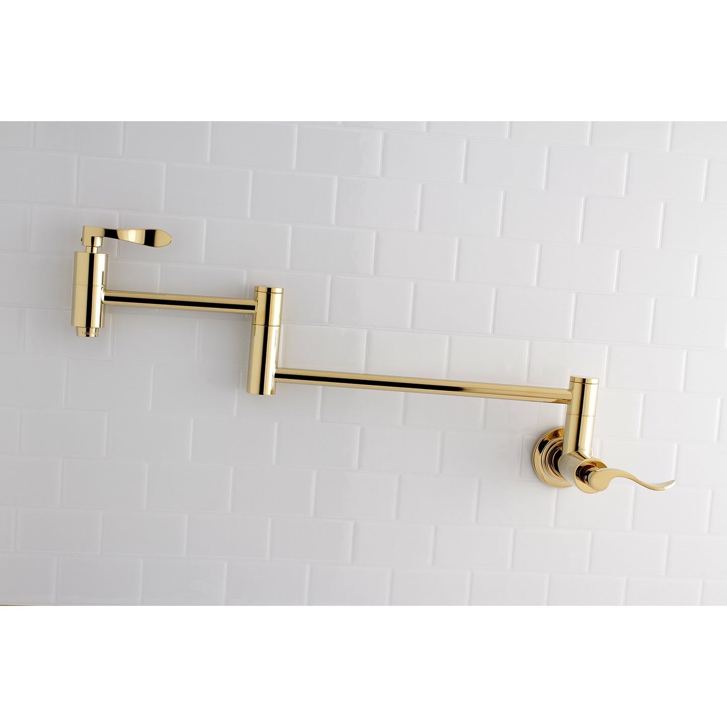 Kingston Brass KS8108DFL NuWave Wall Mount Pot Filler Faucet, Brushed Nickel on a tiled wall.