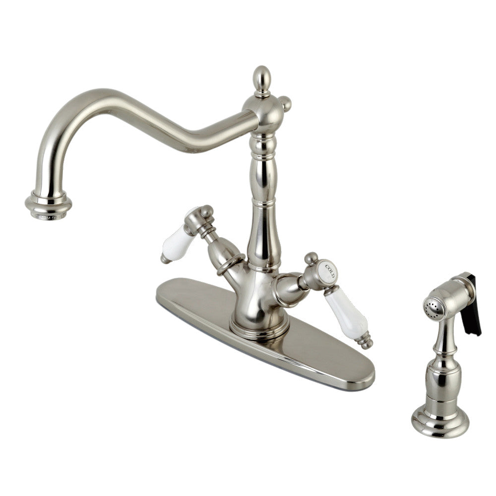 Kingston KS1238BPLBS Bel-Air Two-Handle Kitchen Faucet with Brass Sprayer, Brushed Nickel on a kitchen sink.