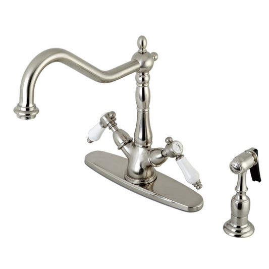 Kingston KS1238BPLBS Bel-Air Two-Handle Kitchen Faucet with Brass Sprayer, Brushed Nickel on a kitchen sink.