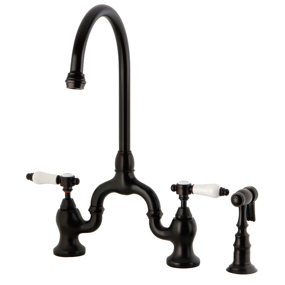 Kingston KS7793BPLBS Bel-Air Bridge Kitchen Faucet with Brass Sprayer, Antique Brass in oil rubbed bronze finish.