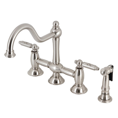 Kingston KS3798GLBS Restoration Bridge Kitchen Faucet with Brass Sprayer, Brushed Nickel
