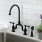 Kingston KS7793ALBS English Country Bridge Kitchen Faucet with Brass Sprayer, Antique Brass in a modern kitchen setting.