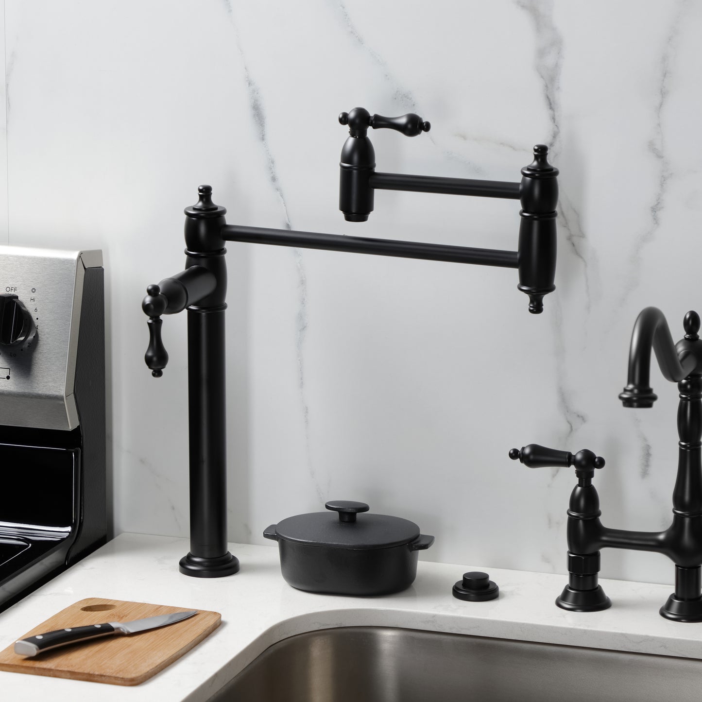 Kingston Brass KS3703AL Restoration Deck Mount Pot Filler Faucet, Antique Brass in a modern kitchen setting.