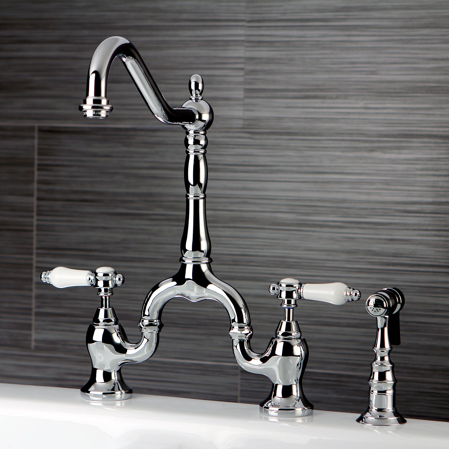 Kingston KS7753BPLBS Bel-Air Bridge Kitchen Faucet with Brass Sprayer, Antique Brass - chrome finish
