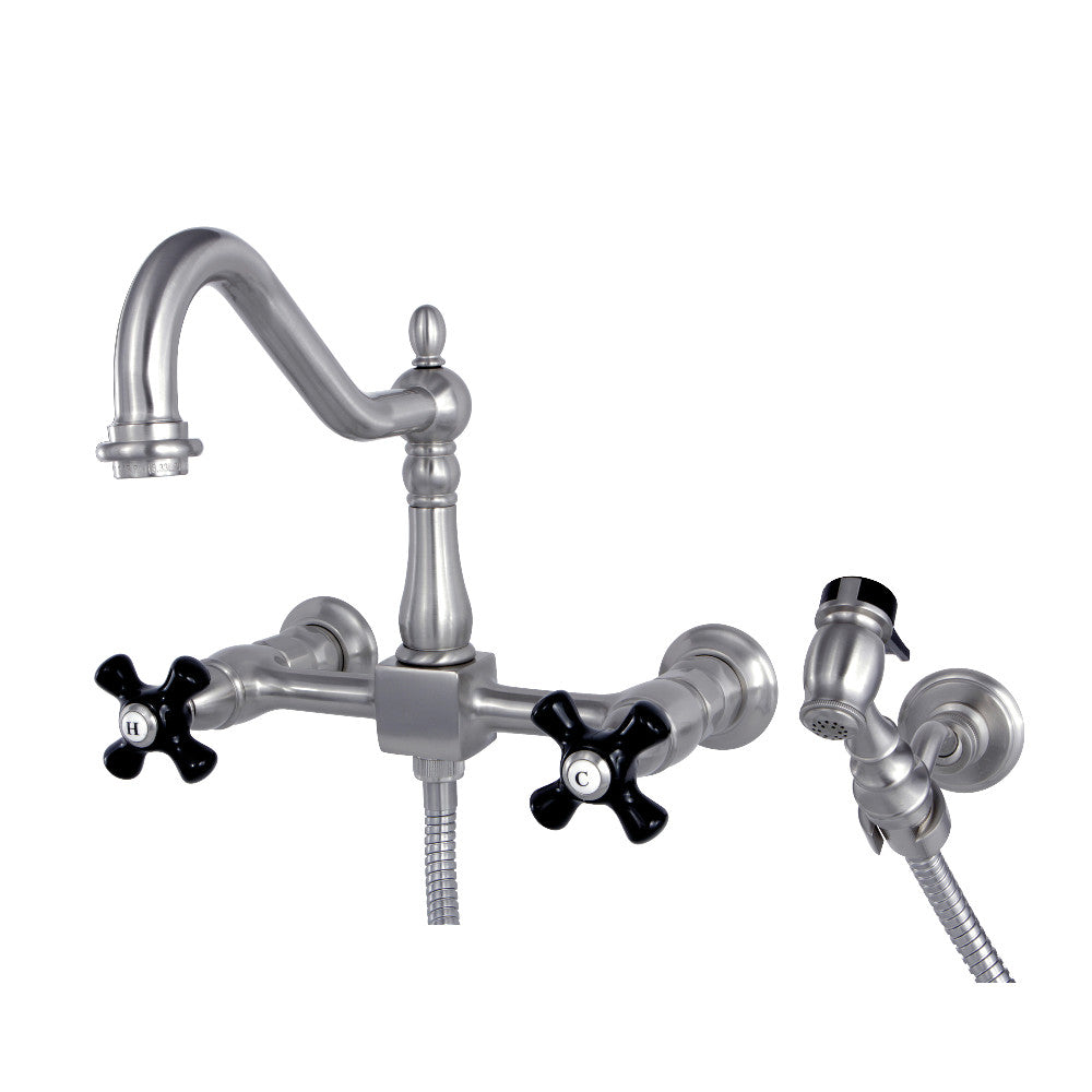 Kingston KS1248PKXBS Duchess Two-Handle Wall Mount Bridge Kitchen Faucet with Brass Sprayer, Brushed Nickel