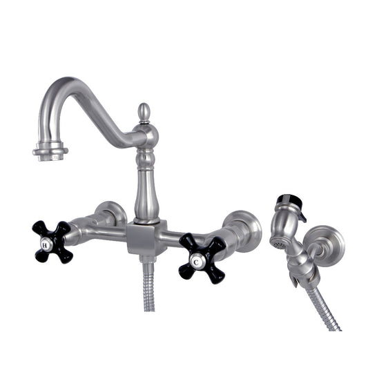 Kingston KS1248PKXBS Duchess Two-Handle Wall Mount Bridge Kitchen Faucet with Brass Sprayer, Brushed Nickel