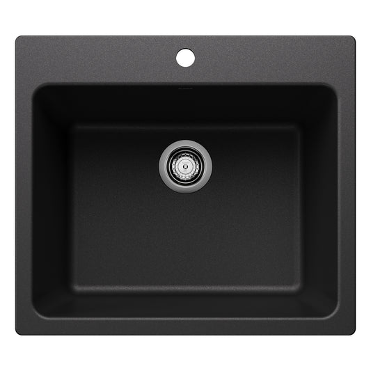 BLANCO Liven SILGRANIT 25" Single Bowl Dual Mount Laundry Sink in black, featuring an extra-deep basin.