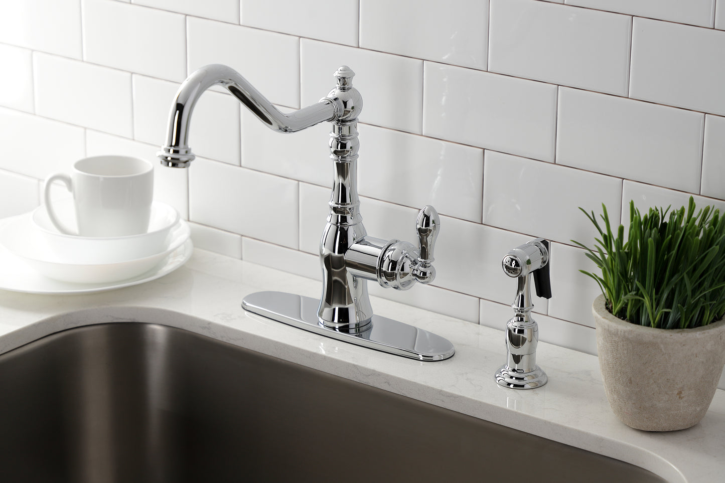 Gourmetier GSY7703ACLBS American Classic Single-Handle Kitchen Faucet with Brass Side Sprayer, Antique Brass in a modern kitchen setting.