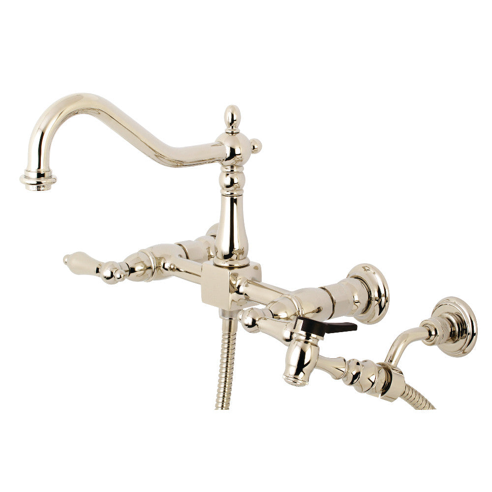 Kingston KS1243ALBS Heritage Two-Handle Wall Mount Bridge Kitchen Faucet with Brass Sprayer, Antique Brass