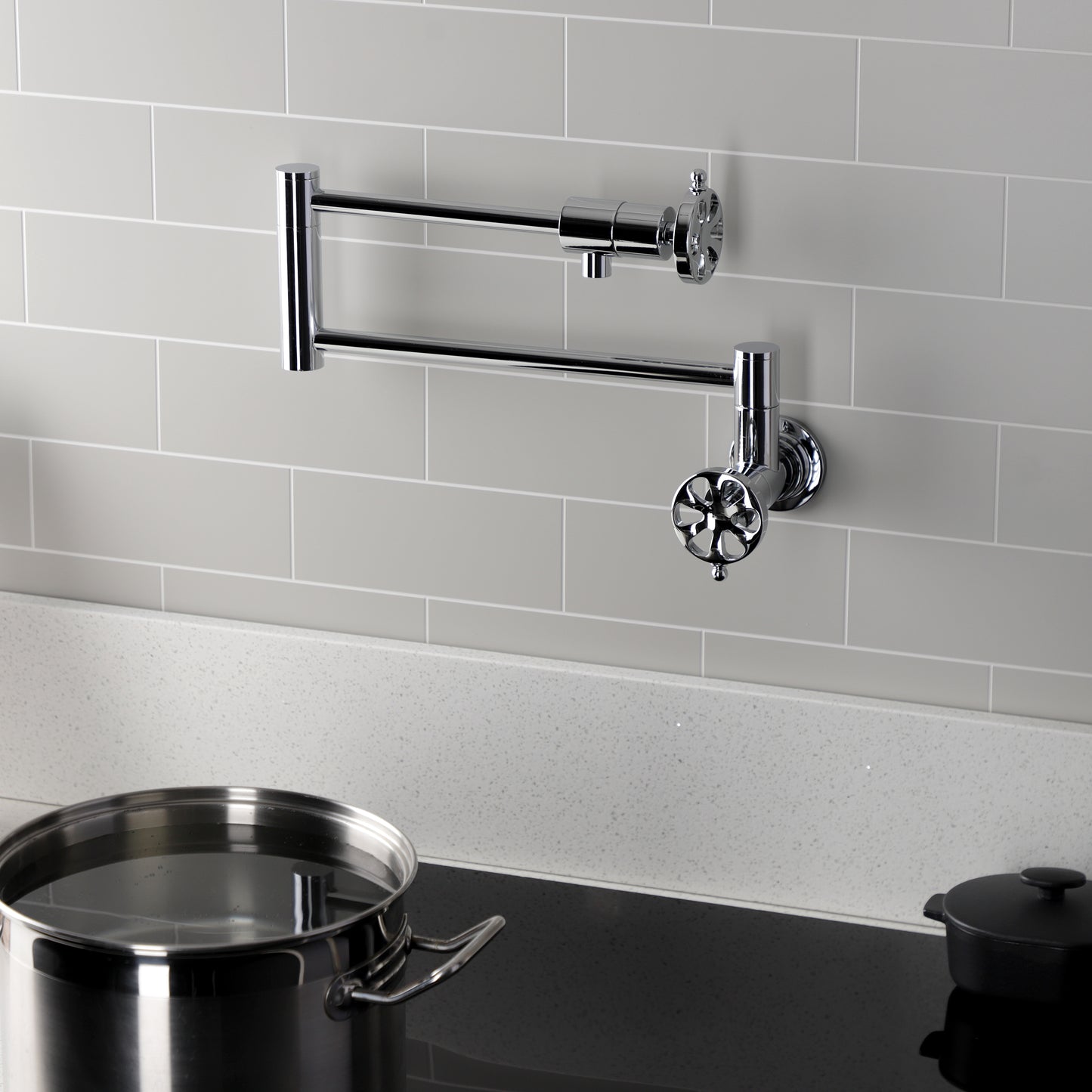 Kingston Brass KS4103RX Belknap Wall Mount Pot Filler Faucet, Antique Brass, stylish kitchen fixture with swing arms.