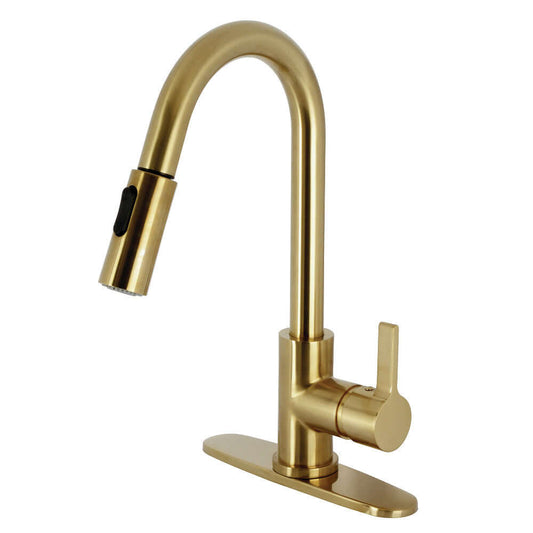 Left side view of Kingston Brass LS8783CTL Continental Pull-Down Kitchen Faucet in brushed brass finish.