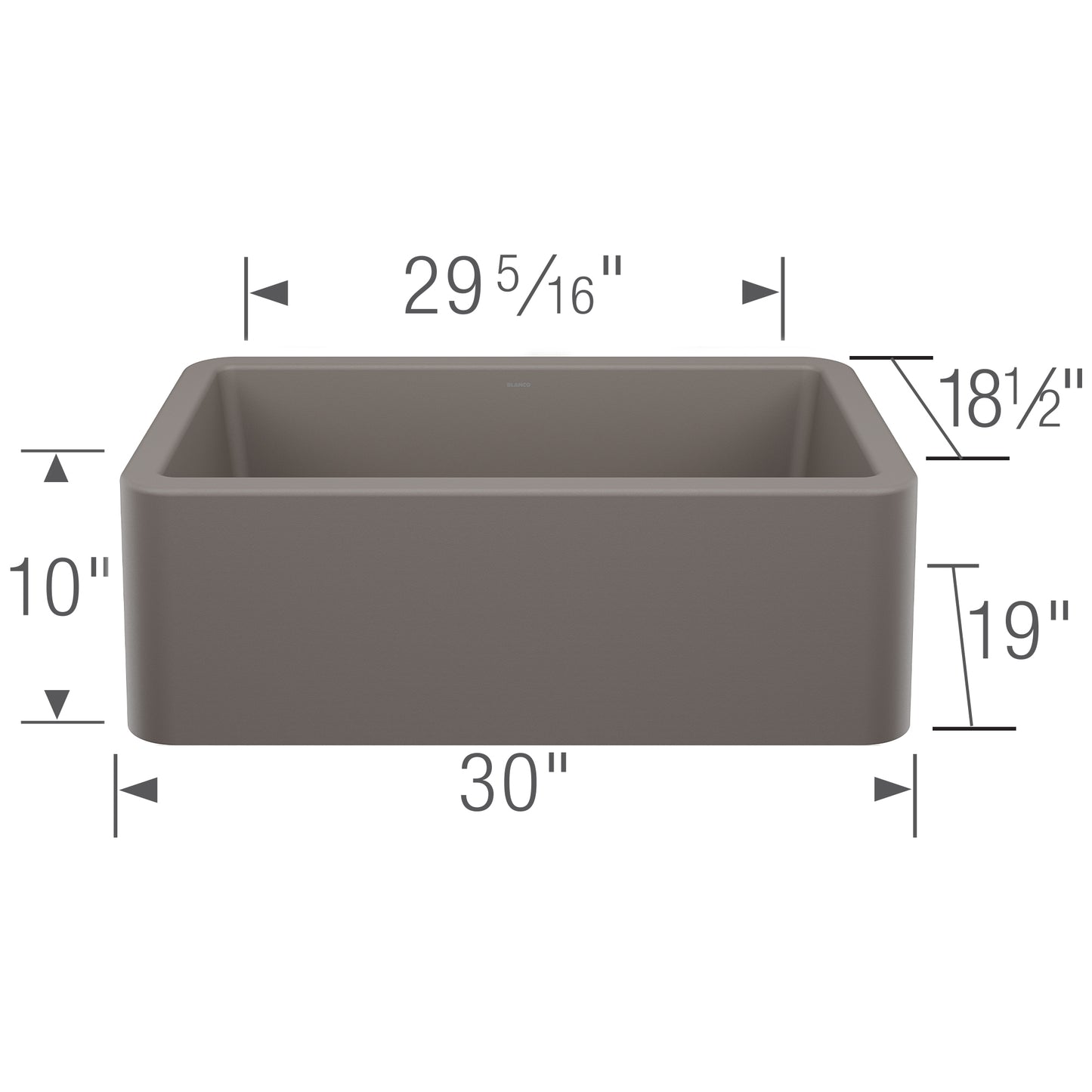 BLANCO Ikon SILGRANIT 30" Single Bowl Apron-Front Farmhouse Sink dimensions diagram showing measurements.