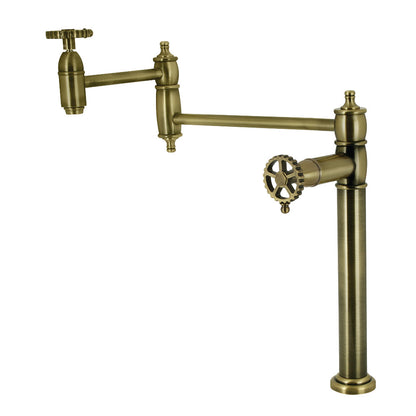 Kingston Brass KS3703CG Fuller Deck Mount Pot Filler Faucet, Antique Brass with foldable swing arms design.