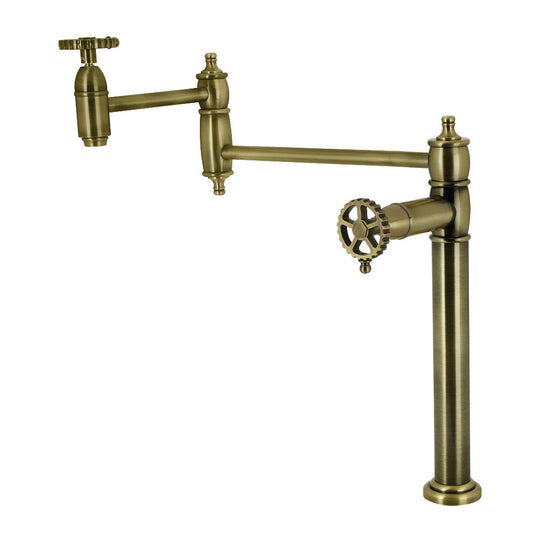 Kingston Brass KS3703CG Fuller Deck Mount Pot Filler Faucet, Antique Brass with foldable swing arms design.