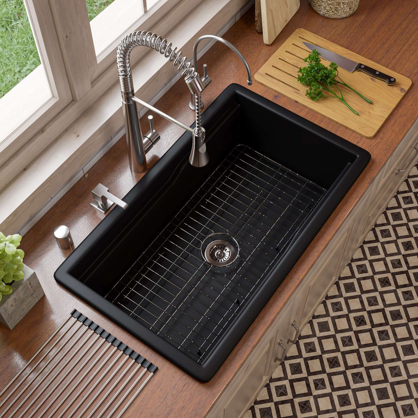 Alfi 32" Dual Mount Fireclay Workstation Kitchen Sink - ABFS3219SUD with built-in accessories and stylish faucet.