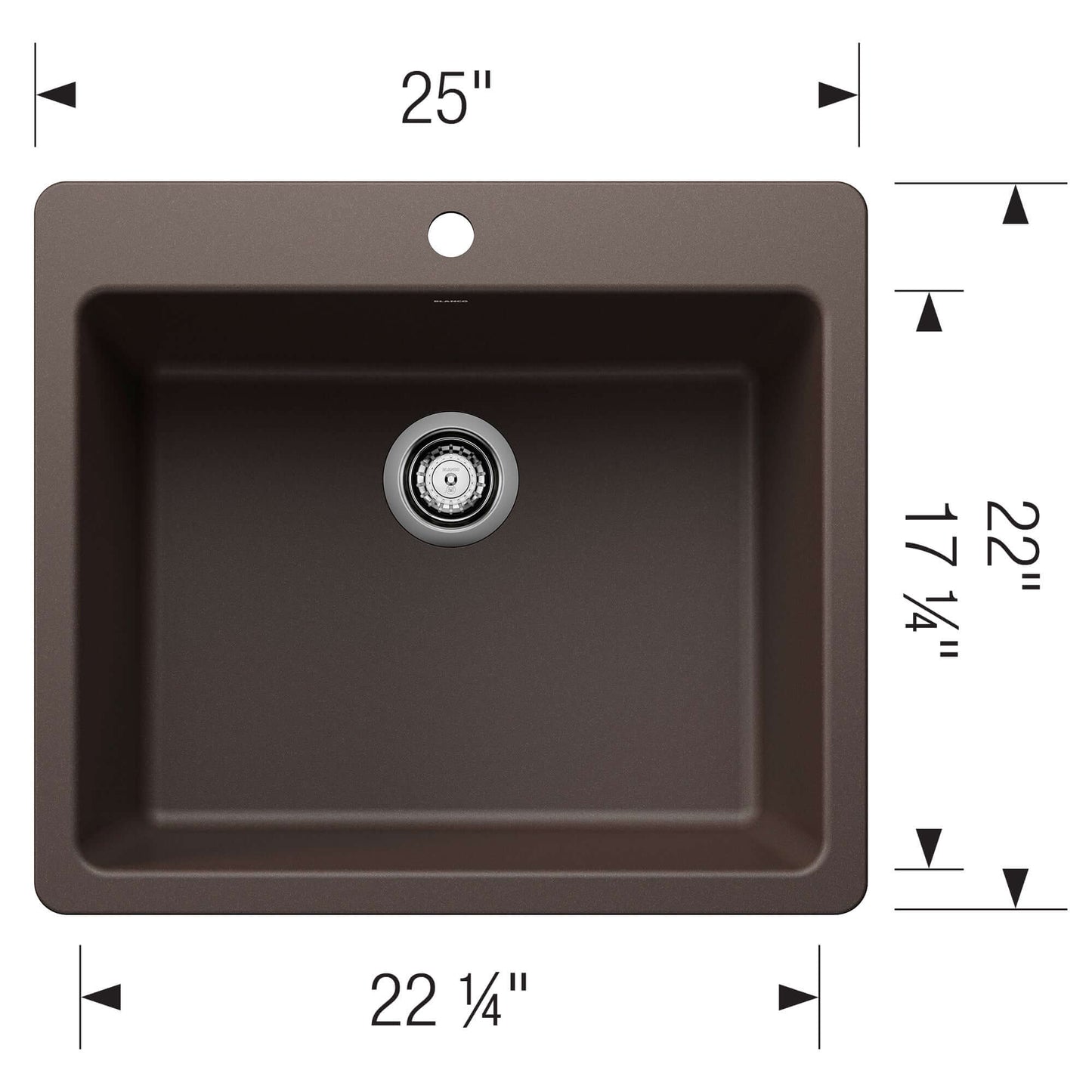 BLANCO Liven SILGRANIT 25" Single Bowl Dual Mount Kitchen Sink dimensions top view with drain.