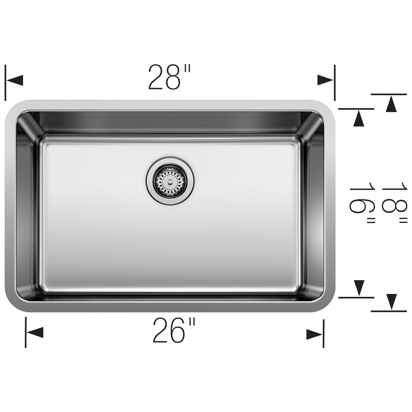 BLANCO Formera 28" Single Bowl Undermount Stainless Steel Kitchen Sink with dimensions of 28" x 16" x 18".