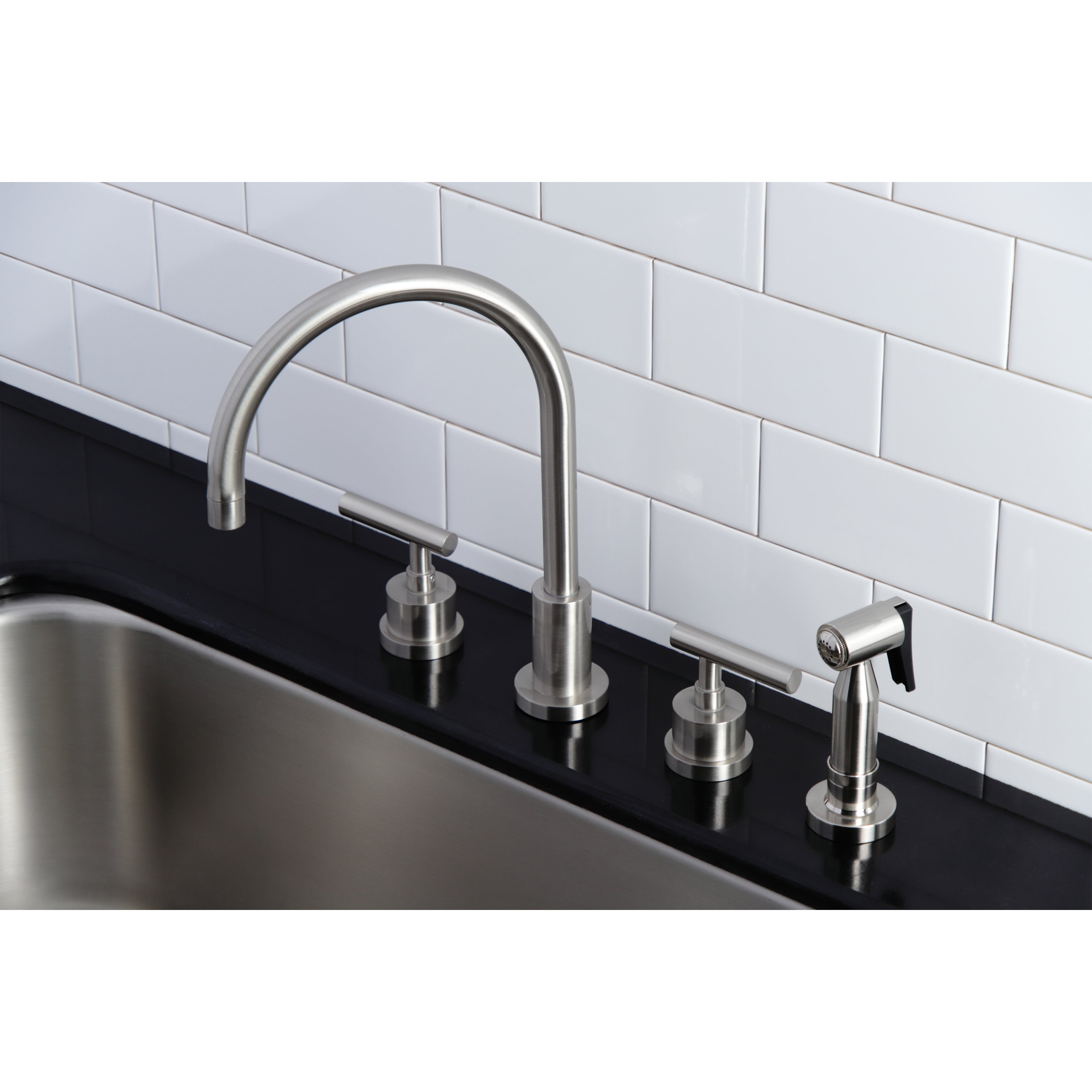 Kingston Brass KS8723CMLBS Manhattan Double-Handle Widespread Kitchen Faucet with Brass Sprayer, Antique Brass