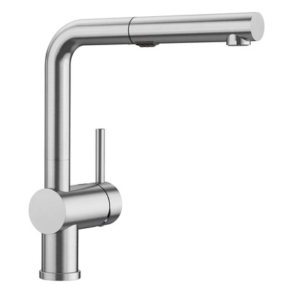 BLANCO Linus Low Arc Pull-Out Dual-Spray Kitchen Faucet - in Pvd Steel finish, perfect for small kitchen spaces.