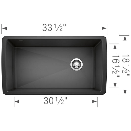 Top view of BLANCO Diamond SILGRANIT 33" Super Single Undermount Kitchen Sink with dimensions.