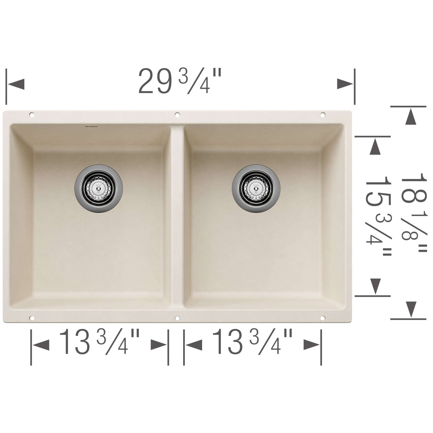 BLANCO Precis SILGRANIT 29" 50/50 Double Bowl Undermount Kitchen Sink dimensions and design layout