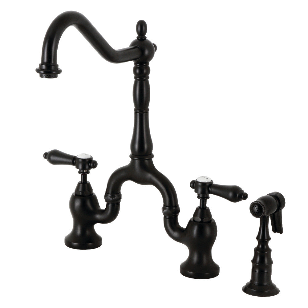 Kingston KS7753BALBS Heirloom Bridge Kitchen Faucet with Brass Sprayer, Antique Brass in matte black finish.