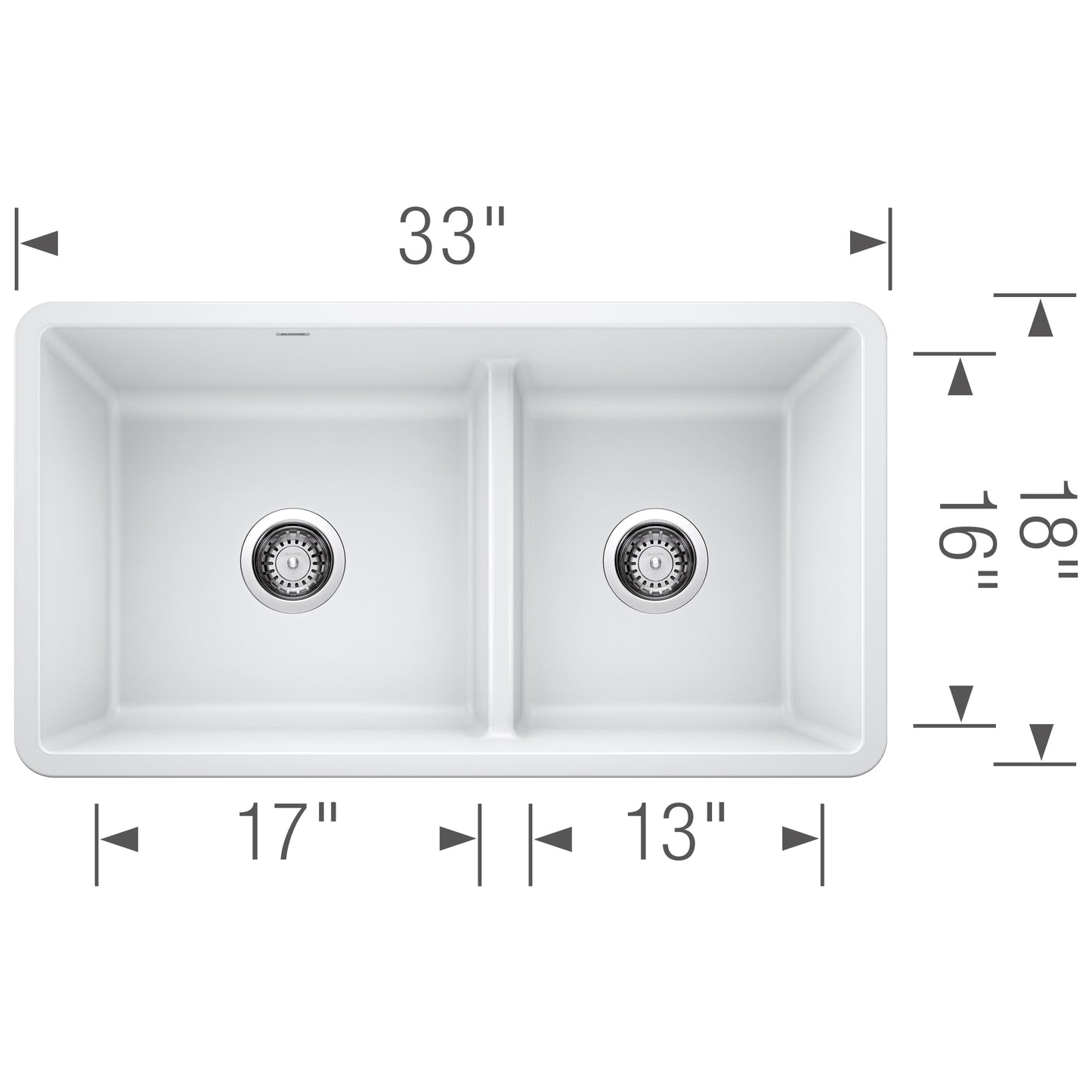 BLANCO Precis SILGRANIT 33" 60/40 Reversible Double Bowl Undermount Kitchen Sink with Low Divide, top view with dimensions.