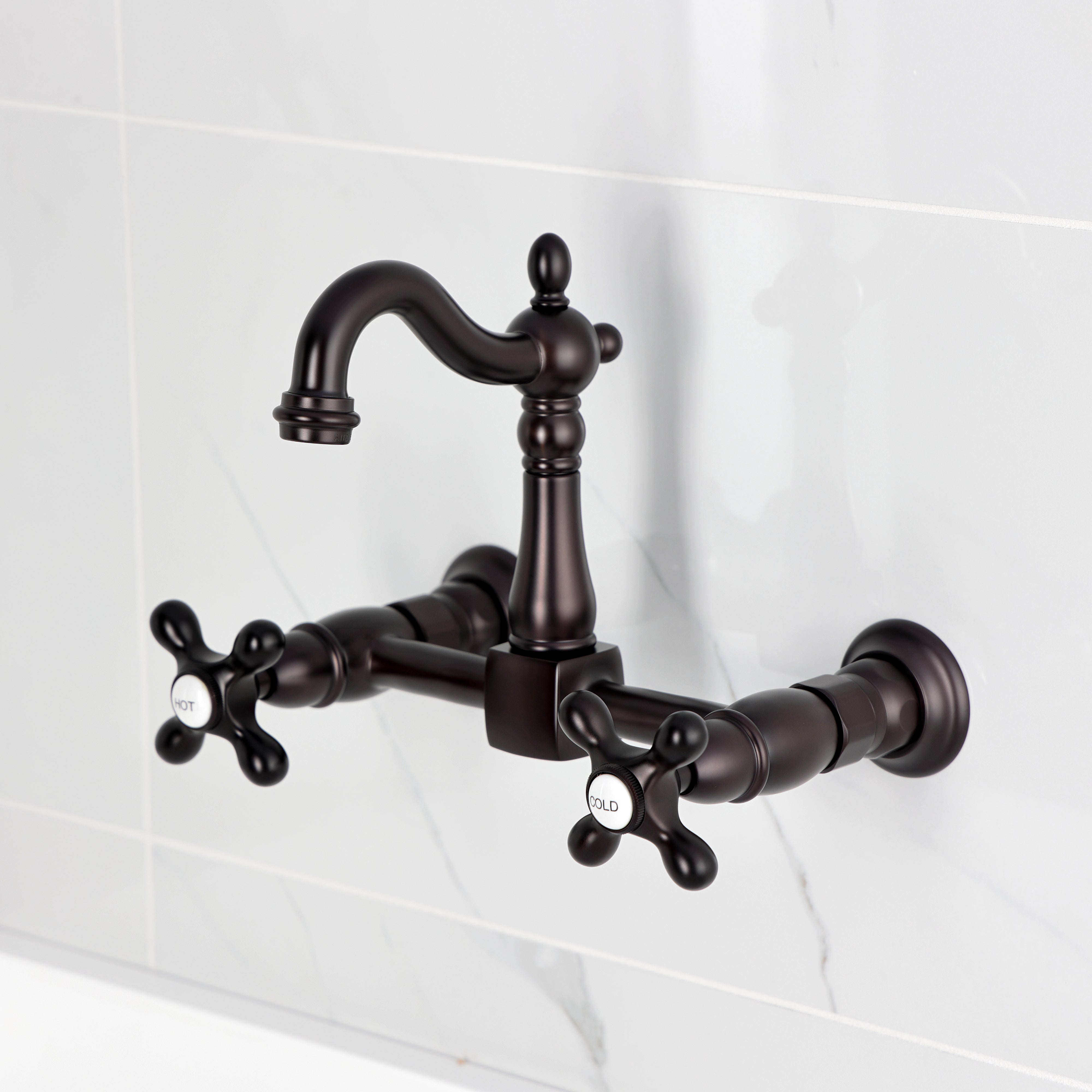 Kingston KS2443AX Heritage Two-Handle Wall Mount Bridge Kitchen Faucet, Antique Brass