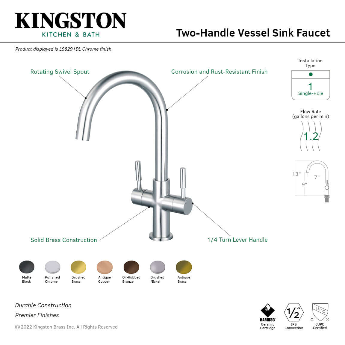 Fauceture LS8293DL Concord Double-Handle Vessel Sink Faucet, Brushed Brass right side view showcasing its sleek design and features.