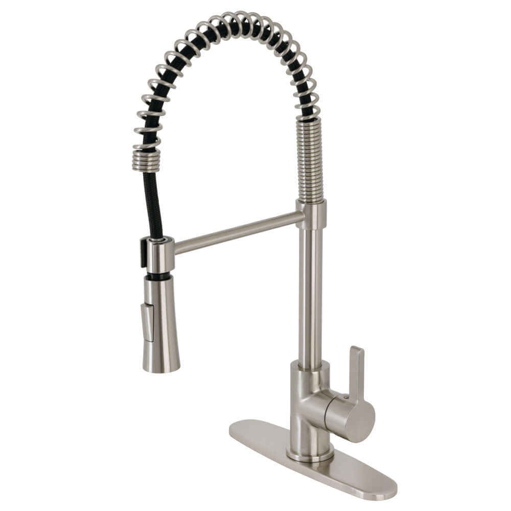 Gourametier LS8678CTL Continental Single-Handle Deck-Mount Pre-Rinse Kitchen Faucet, Brushed Nickel side view with curved spout design.