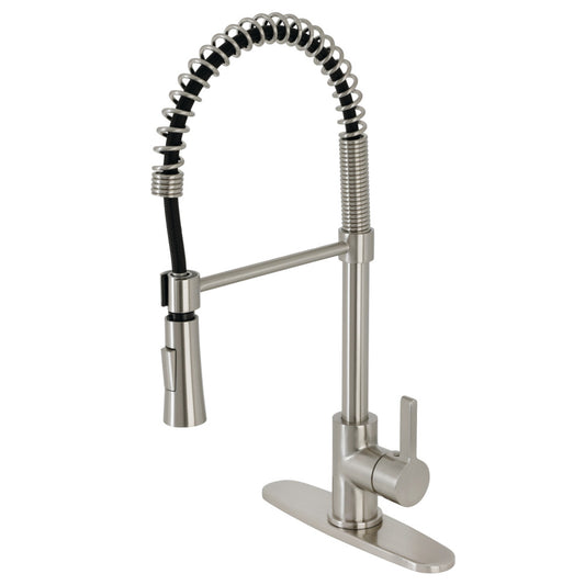 Gourametier LS8678CTL Continental Single-Handle Deck-Mount Pre-Rinse Kitchen Faucet, Brushed Nickel side view with curved spout design.