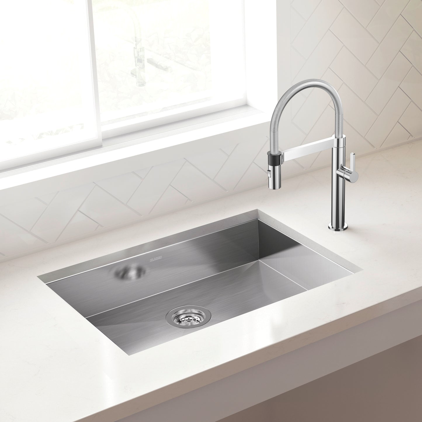 BLANCO Quatrus R0 25" Single Bowl Undermount ADA Stainless Steel Kitchen Sink with modern faucet in a white countertop.